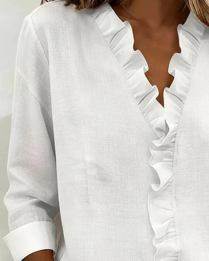 Susan | Blouse with Ruffles, V-Neck and Long Sleeves